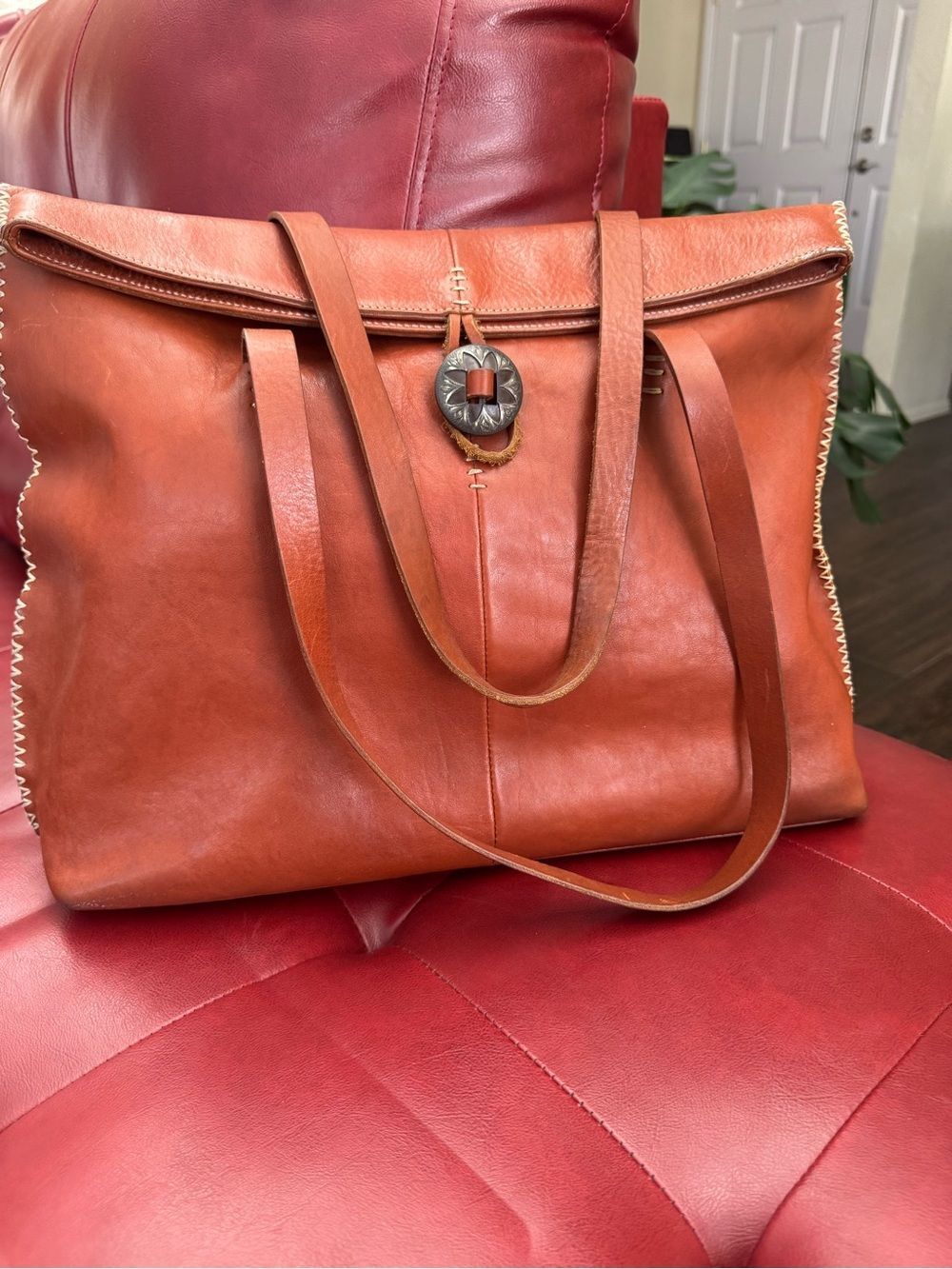 Sundance Leather Whipstitch Tote Bag Concho Button Red/Cognac Boho Large